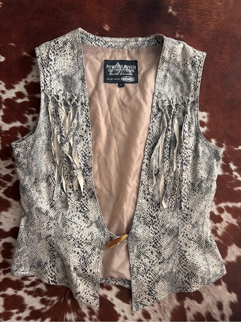 Vintage Powder River Outfitters Women's Beige Snake-Print Fringe Vest